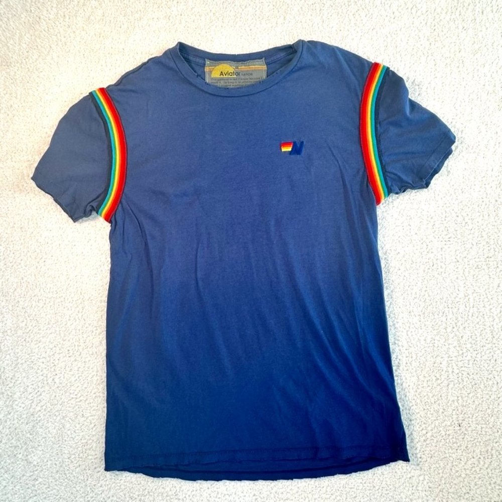 Aviator Nation Blue Tee with Rainbow Stripes